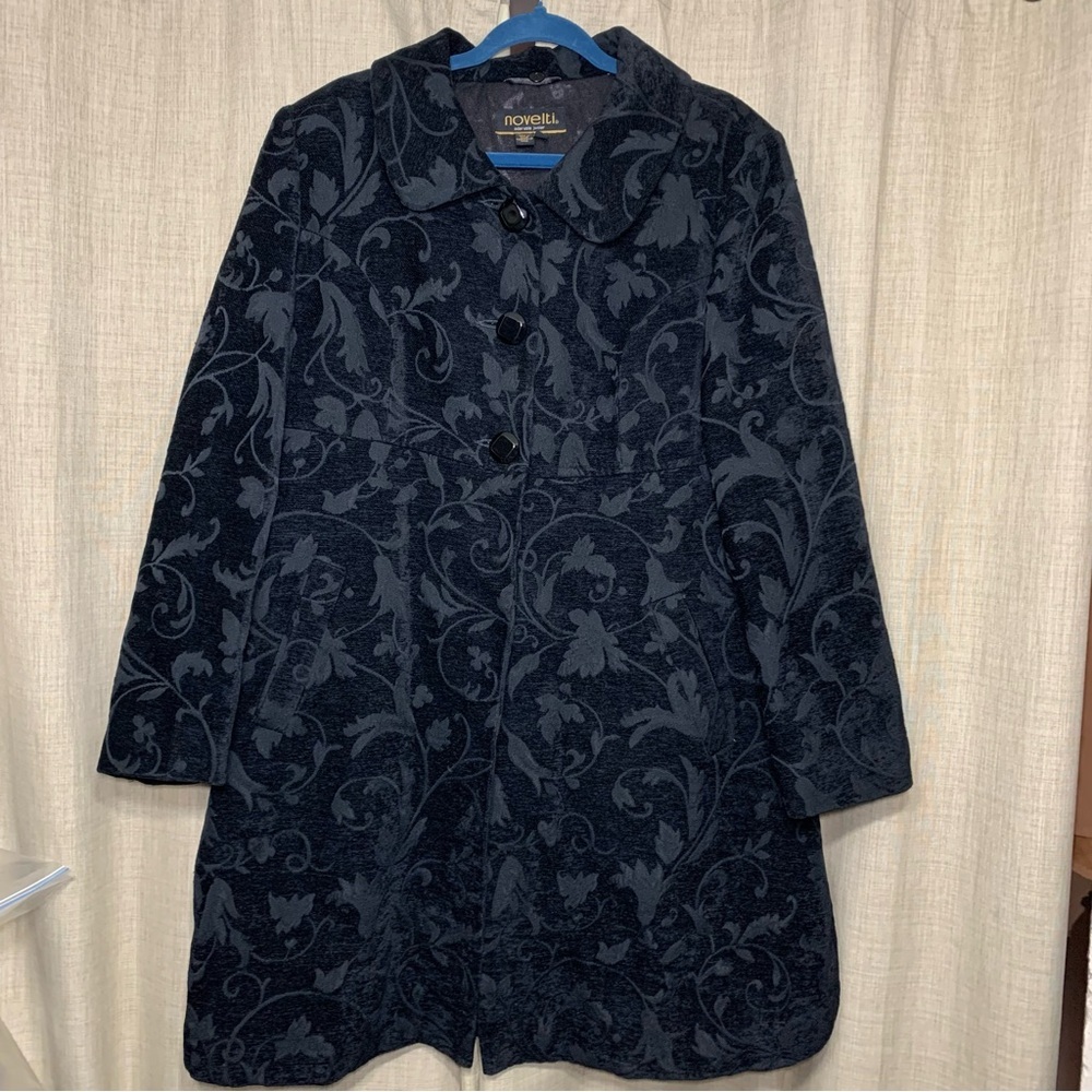 Vintage Black Velvet Jacket Baroque Floral 13/14 Button Front Mid Length Trench - Picture 15 of 15
